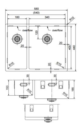 Pure.Sink Exclusivo Dorado 1,5 un fregadero y medio 18+34 cm radio de 10mm PEX183440-60
