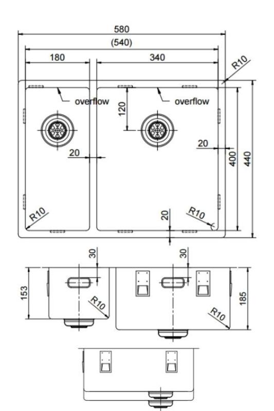 Pure.Sink Exclusivo Gun Metal 1,5 lavabo de una y media 18+34 cm radio de 10mm PEX183440-61