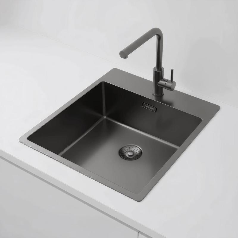 Pure.Sink Exclusivo Gun Metal fregadero 44x52 cm Tapwing con banco de agujeros para grifo radio 10mm PEX4040T-61