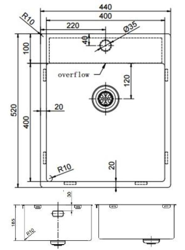 Pure.Sink Exclusivo Gun Metal fregadero 44x52 cm Tapwing con banco de agujeros para grifo radio 10mm PEX4040T-61