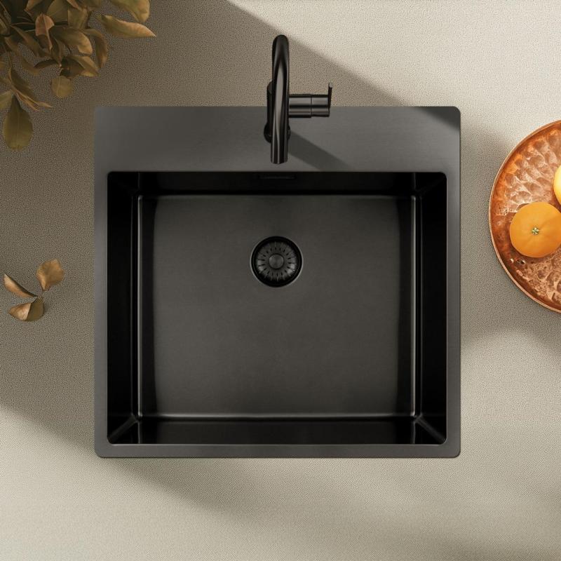 Pure.Sink Exclusivo Gun Metal fregadero 54x52 cm Tapwing con banco de agujeros para grifo, radio de 10mm PEX5040T-61