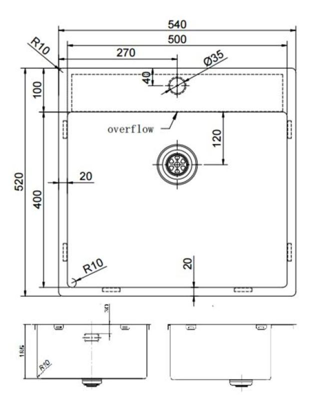 Pure.Sink Exclusivo Gun Metal fregadero 54x52 cm Tapwing con banco de agujeros para grifo, radio de 10mm PEX5040T-61