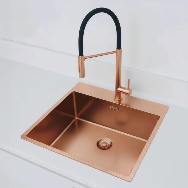 Pure.Sink Exclusivo Fregadero de cobre 54x52 cm Tapwing con banco de agujeros para grifo radio de 10mm PEX5040T-62