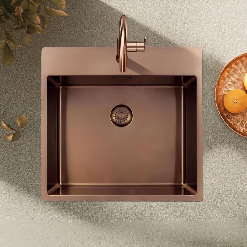 Pure.Sink Exclusivo Fregadero de cobre 54x52 cm Tapwing con banco de agujeros para grifo radio de 10mm PEX5040T-62