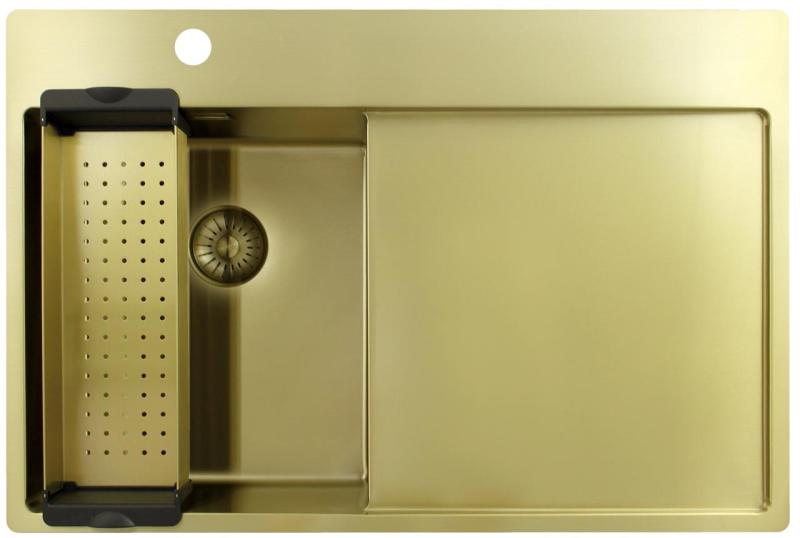 Pure.Sink Exclusivo Fregadero pequeño dorado con escurridor 78 x 52 cm Grifo a la izquierda PEX3478LT-60
