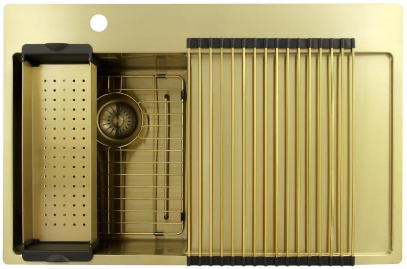 Pure.Sink Exclusivo Fregadero pequeño dorado con escurridor 78 x 52 cm Grifo a la izquierda PEX3478LT-60