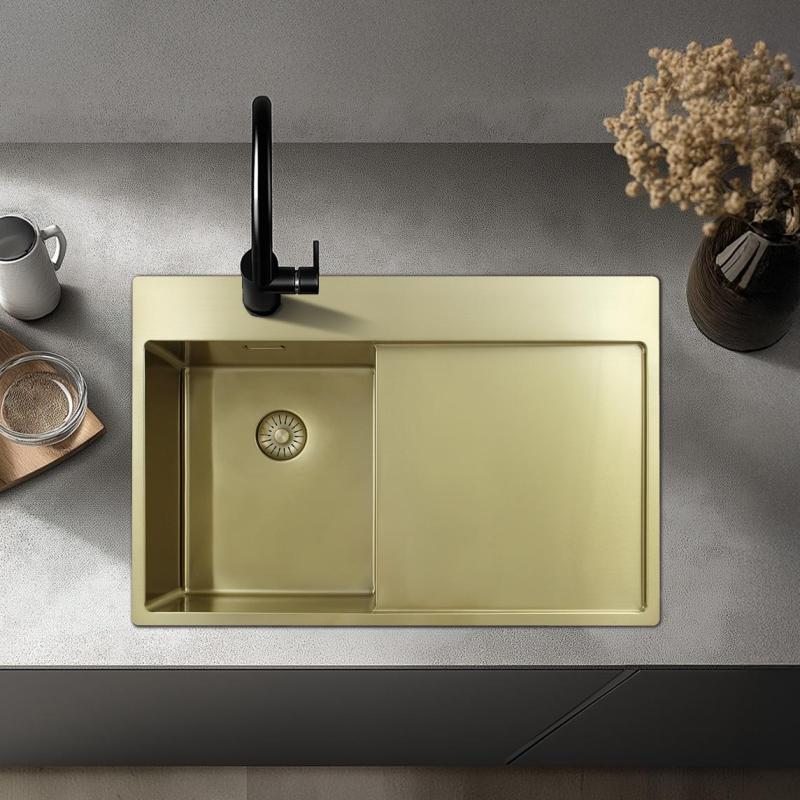 Pure.Sink Exclusivo Fregadero pequeño dorado con escurridor 78 x 52 cm Grifo a la izquierda PEX3478LT-60
