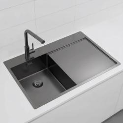 Pure.Sink Exclusivo Gun Metal pequeño fregadero con zona de escurrido 78x52 cm Tapwing a la izquierda PEX3478LT-61