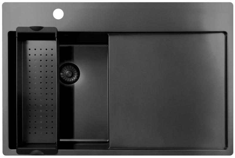 Pure.Sink Exclusivo Gun Metal pequeño fregadero con zona de escurrido 78x52 cm Tapwing a la izquierda PEX3478LT-61