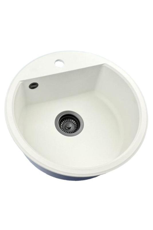GraniteMy Bremen lavabo redondo de granito de 43 cm blanco de montaje superior e inferior con orificio para grifo y tapón negro 1208971312