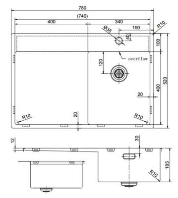 Pure.Sink Exclusivo Pequeño fregadero dorado con área de drenaje 78x52 cm Tapwing a la derecha PEX3478RT-60