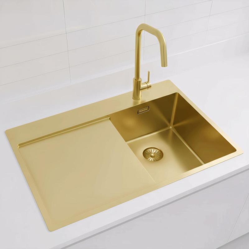 Pure.Sink Exclusivo Fregadero pequeño dorado con escurridor 78 x 52 cm Grifo Tapwing a la derecha PEX3478RT-60