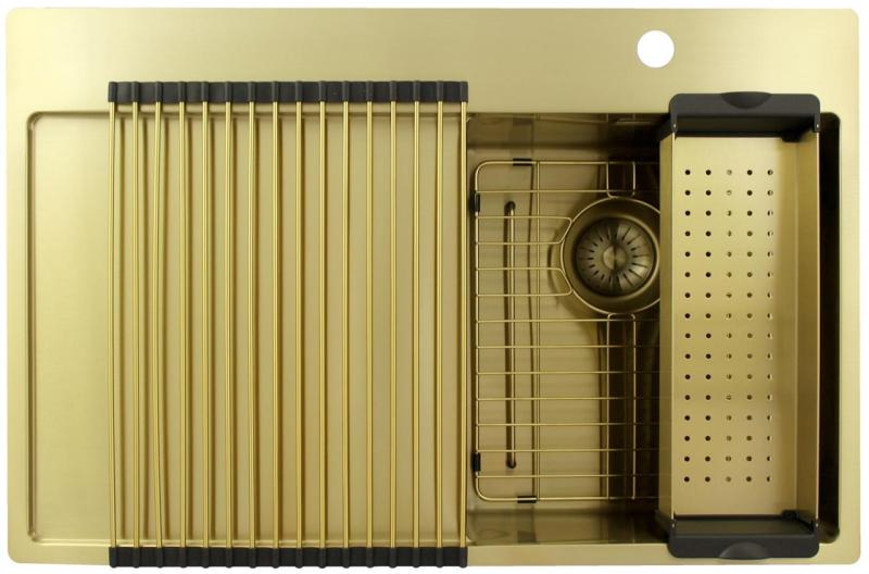 Pure.Sink Exclusivo Fregadero pequeño dorado con escurridor 78 x 52 cm Grifo Tapwing a la derecha PEX3478RT-60