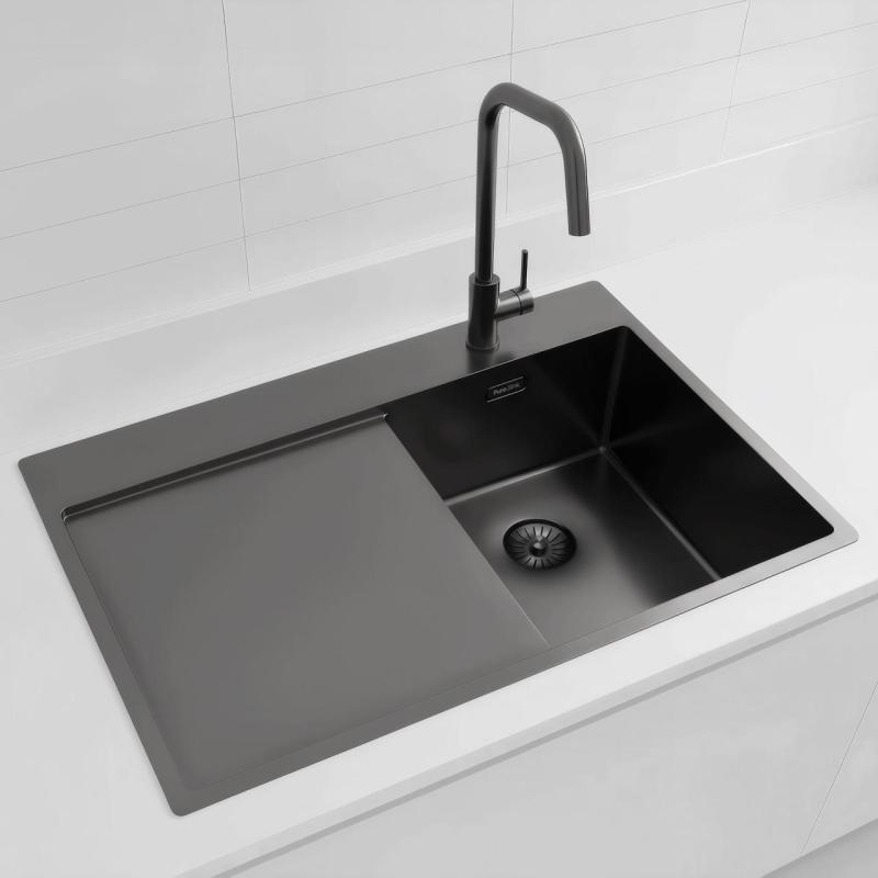 Pure.Sink Exclusivo Gun Metal pequeño fregadero con zona de drenaje 78x52 cm Tapwing a la derecha PEX3478RT-61