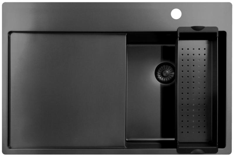 Pure.Sink Exclusivo Gun Metal pequeño fregadero con zona de drenaje 78x52 cm Tapwing a la derecha PEX3478RT-61