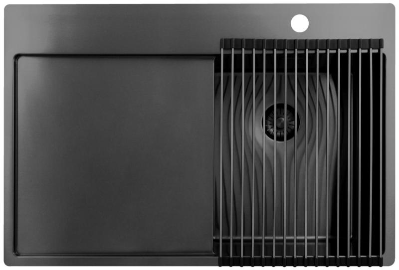 Pure.Sink Exclusivo Gun Metal pequeño fregadero con zona de drenaje 78x52 cm Tapwing a la derecha PEX3478RT-61