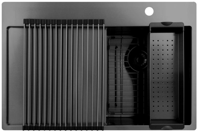 Pure.Sink Exclusivo Gun Metal pequeño fregadero con zona de drenaje 78x52 cm Tapwing a la derecha PEX3478RT-61