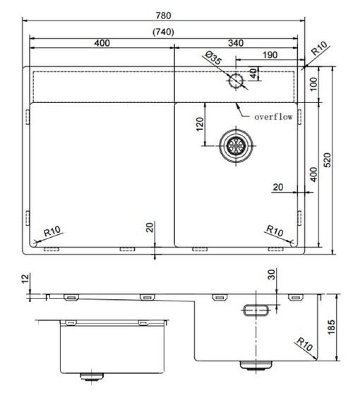Pure.Sink Exclusivo Gun Metal pequeño fregadero con zona de drenaje 78x52 cm Tapwing a la derecha PEX3478RT-61