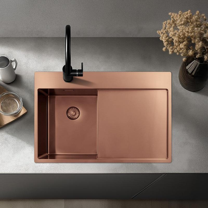Pure.Sink Exclusivo Pequeño fregadero de cobre con área de escurrimiento 78x52 cm Tapwing a la derecha PEX3478RT-62