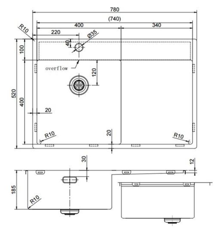 Pure.Sink Exclusivo fregadero de acero inoxidable con área de escurrido 78x52 cm Tapwing a la izquierda PEX4078LT-02