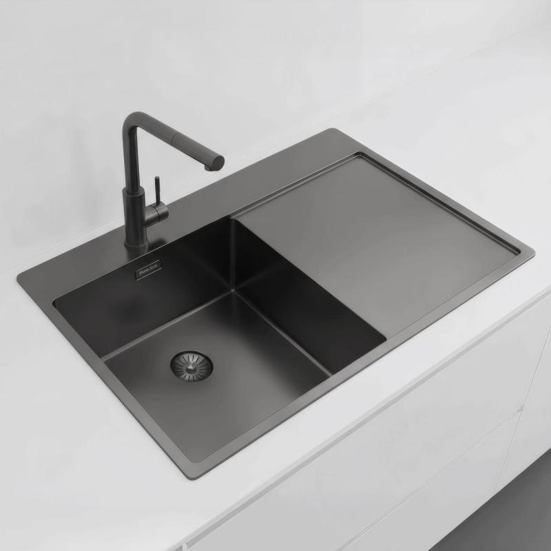 Pure.Sink Exclusivo Gun Metal fregadero con zona de escurrido 78x52 cm Tapwing a la izquierda PEX4078LT-61