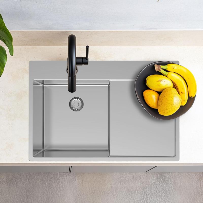 Pure.Sink Exclusivo fregadero de acero inoxidable con zona de escurrido 78x52 cm Tapwing a la derecha PEX4078RT-02