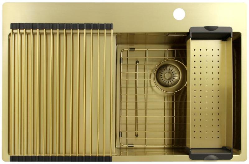 Pure.Sink Exclusivo Fregadero dorado con escurridor 78 x 52 cm Grifo Tapwing a la derecha PEX4078RT-60