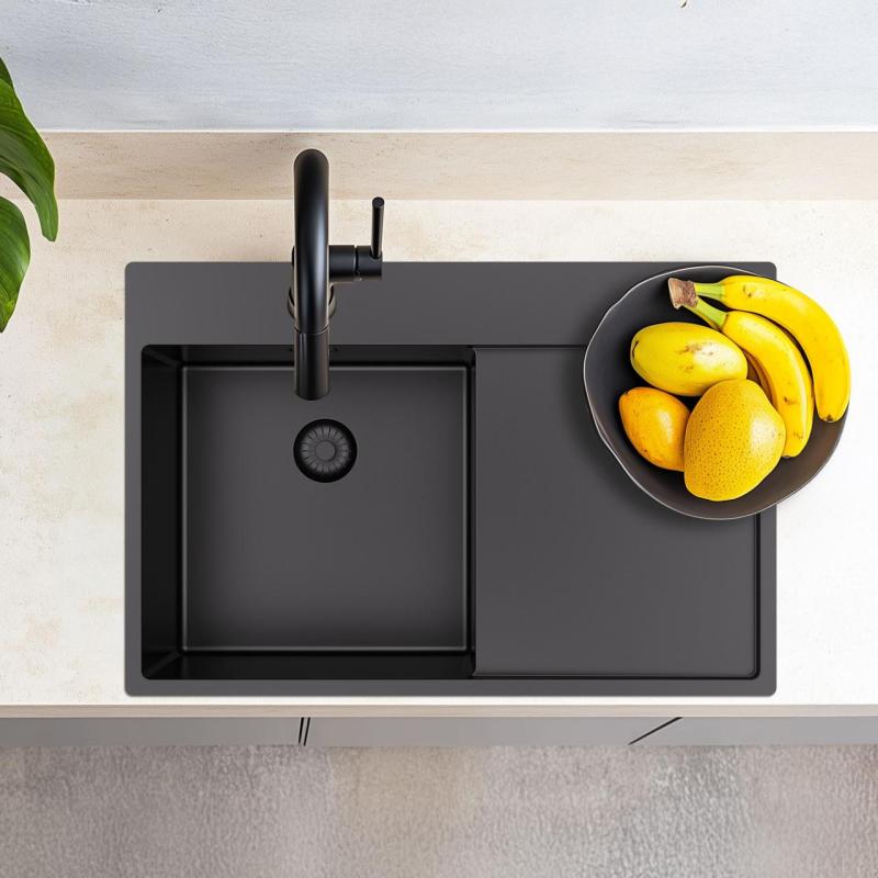 Pure.Sink Exclusivo Gun Metal fregadero con zona de escurrido 78x52 cm Tapwing a la derecha PEX4078RT-61