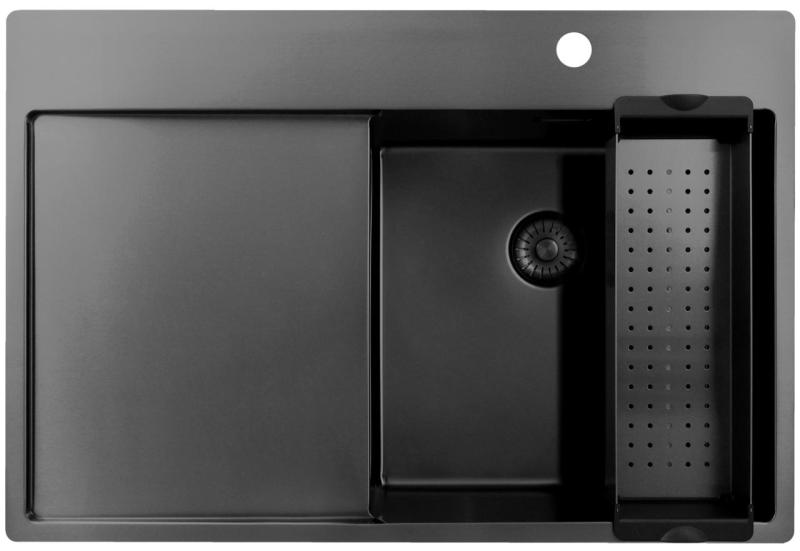 Pure.Sink Exclusivo Gun Metal fregadero con zona de escurrido 78x52 cm Tapwing a la derecha PEX4078RT-61
