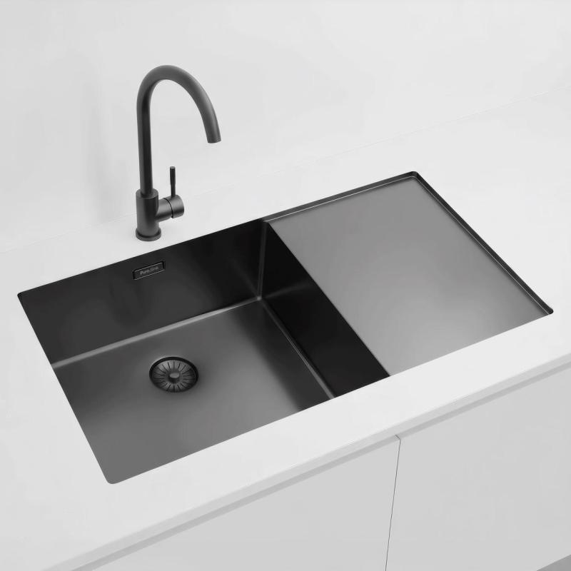 Pure.Sink Exclusivo Gun Metal fregadero con zona de escurrido 86x52 cm Tapwing a la izquierda PEX5086LT-61
