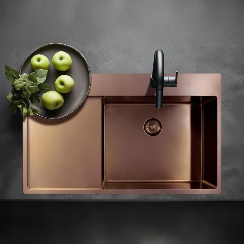 Pure.Sink Exclusivo Fregadero de cobre con área de escurrido 86x52 cm Tapwing a la izquierda PEX5086LT-62