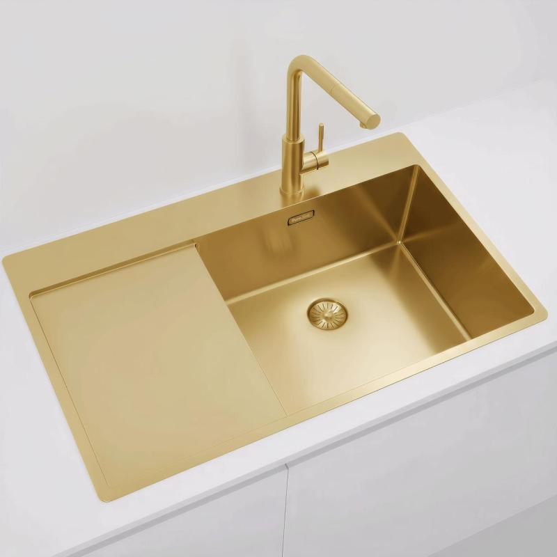Pure.Sink Exclusivo Fregadero dorado con zona de escurrimiento 86x52 cm Tapwing a la derecha PEX5086RT-60