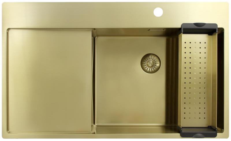 Pure.Sink Exclusivo Fregadero dorado con zona de escurrimiento 86x52 cm Tapwing a la derecha PEX5086RT-60