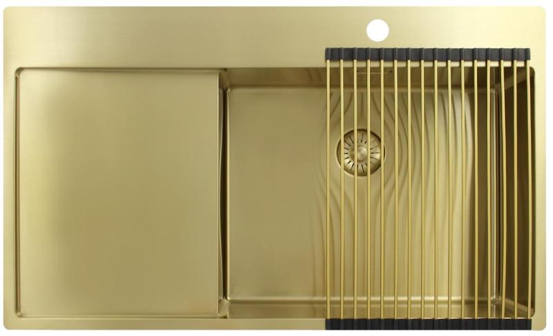 Pure.Sink Exclusivo Fregadero dorado con zona de escurrimiento 86x52 cm Tapwing a la derecha PEX5086RT-60