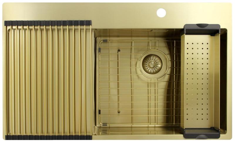 Pure.Sink Exclusivo Fregadero dorado con zona de escurrimiento 86x52 cm Tapwing a la derecha PEX5086RT-60