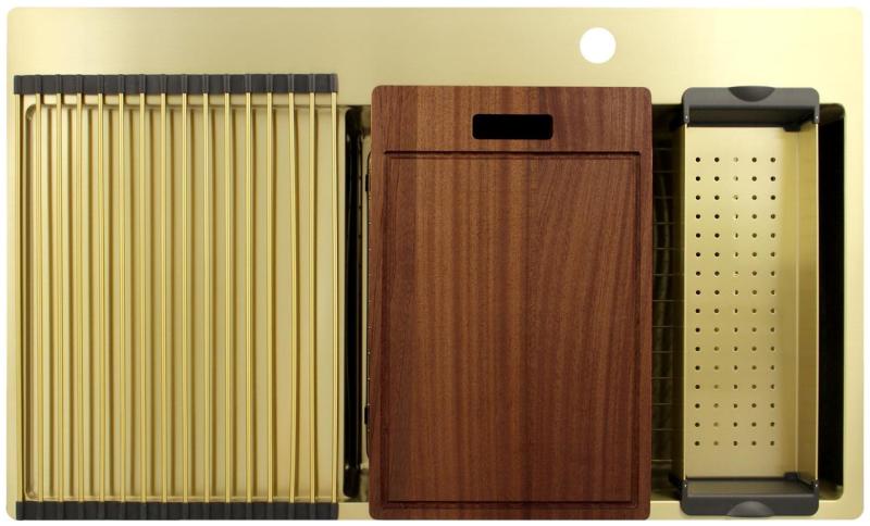 Pure.Sink Exclusivo Fregadero dorado con zona de escurrimiento 86x52 cm Tapwing a la derecha PEX5086RT-60