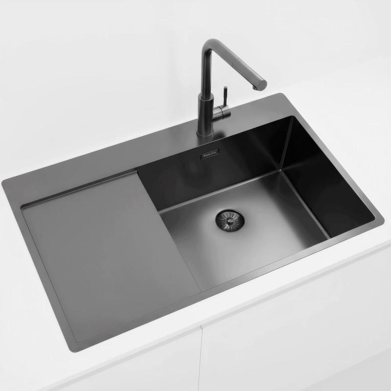 Pure.Sink Exclusivo Gun Metal fregadero con área de escurrido 86x52 cm Tapwing a la derecha PEX5086RT-61
