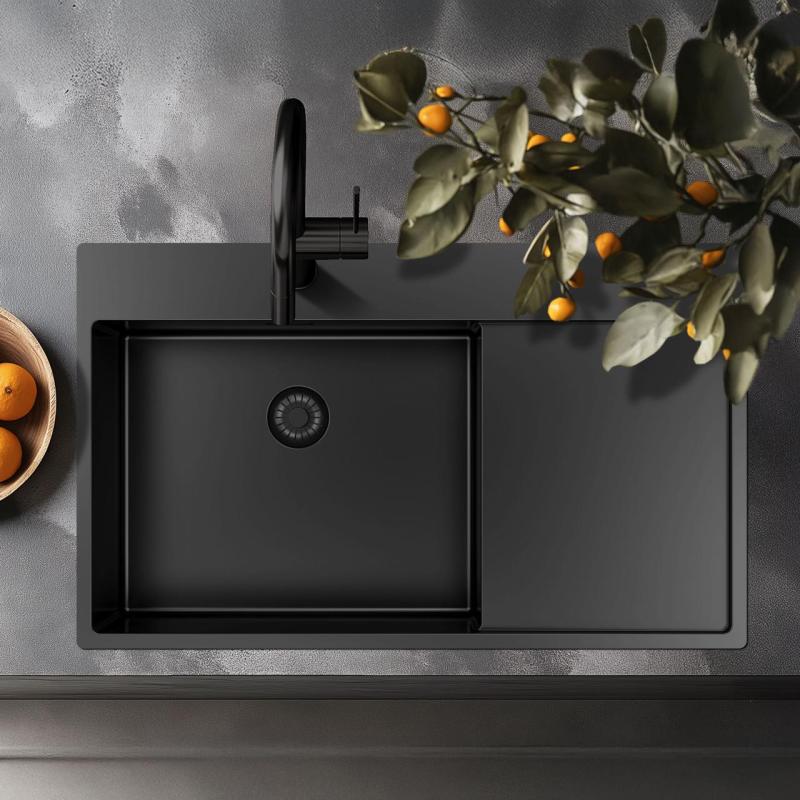 Pure.Sink Exclusivo Gun Metal fregadero con área de escurrido 86x52 cm Tapwing a la derecha PEX5086RT-61