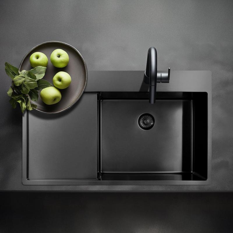 Pure.Sink Exclusivo Gun Metal fregadero con área de escurrido 86x52 cm Tapwing a la derecha PEX5086RT-61