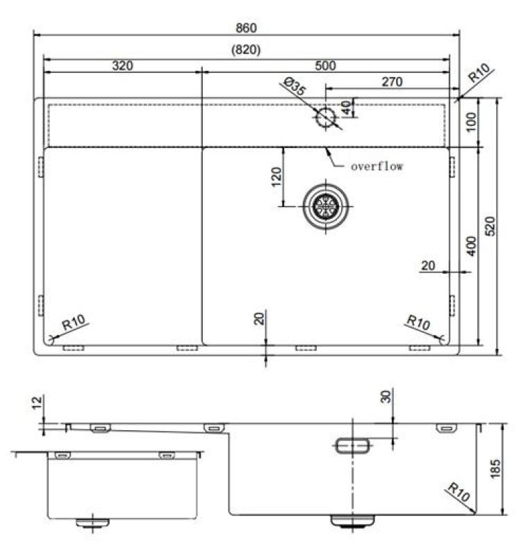 Pure.Sink Exclusivo Gun Metal fregadero con área de escurrido 86x52 cm Tapwing a la derecha PEX5086RT-61