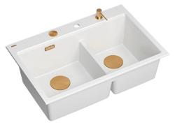 Quadri Hard Rock Doble Lavabo de Granito Blanco Empotrado de 76 x 50 cm con Tapón de Cobre y Accesorios 1208971357