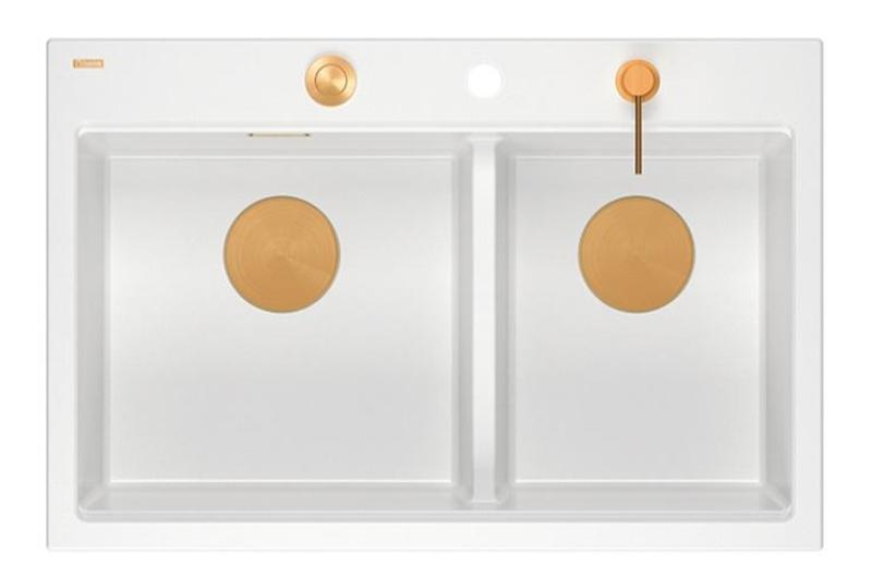 Quadri Hard Rock Doble Lavabo de Granito Blanco Empotrado de 76 x 50 cm con Tapón de Cobre y Accesorios 1208971357