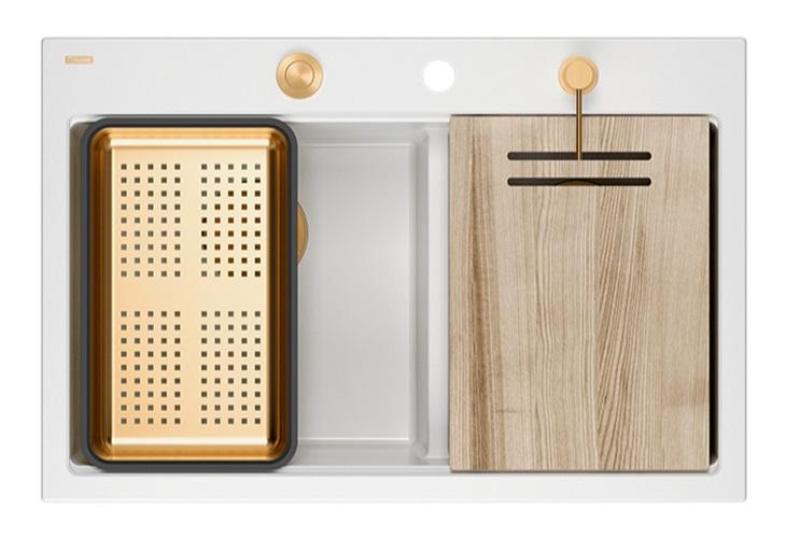 Quadri Hard Rock Doble Lavabo de Granito Blanco Empotrado de 76 x 50 cm con Tapón de Cobre y Accesorios 1208971357