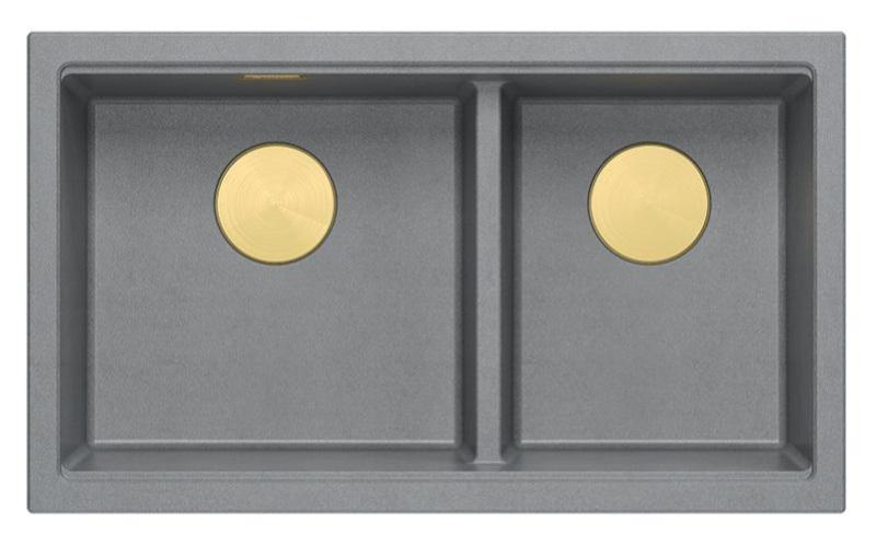 Quadri Newport II Fregadero de Granito Gris Doble de Superficie 76x45 cm con Tapón Dorado 1208971365