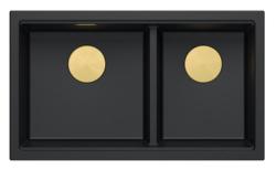 Quadri Newport II Doble Fregadero de Granito Negro Empotrado 76x45 cm con Tapón Dorado 1208971366