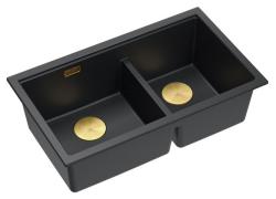Quadri Newport II Doble Fregadero de Granito Negro Empotrado 76x45 cm con Tapón Dorado 1208971366