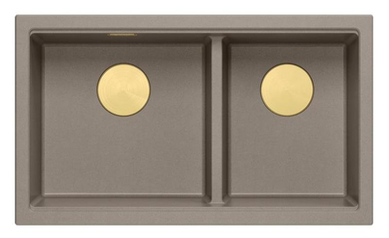 Quadri Newport II Doble Taupe Granito Fregadero de encimera 76x45 cm con tapón dorado 1208971367