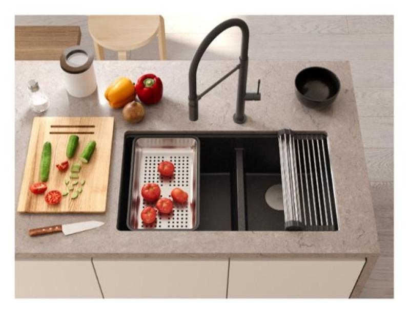 Quadri Newport II Fregadero bajo encimera de granito blanco doble 702 x 390 mm con tapón de cobre 1208971373