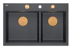 Quadri Hard Rock Doble Lavabo de Granito Antracita Empotrable 76x50 cm con Tapón de Cobre y accesorios 1208971388