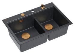 Quadri Hard Rock Doble Lavabo de Granito Antracita Empotrable 76x50 cm con Tapón de Cobre y accesorios 1208971388